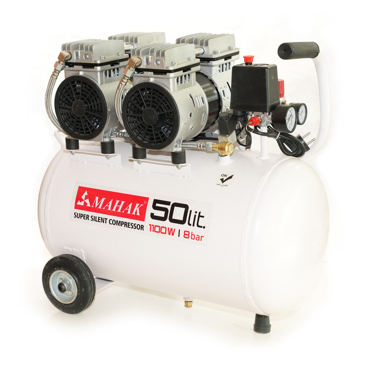 کمپرسور 50 لیتری بیصدا بدون روغن دو موتور محک مجهز به شیر برقی HSU1100-50L
